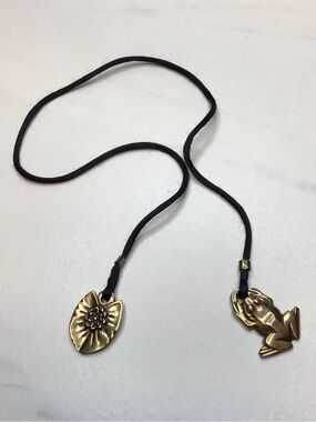 Cord Bookmark Brass Frog & Lily Pad Charms Signed